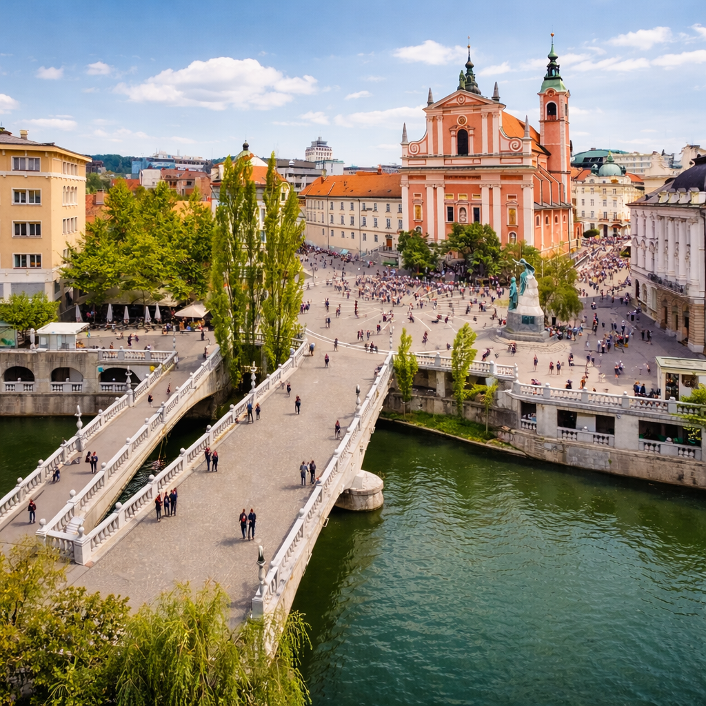 Pogled na Ljubljano s Tromostovjem in Prešernovim trgom