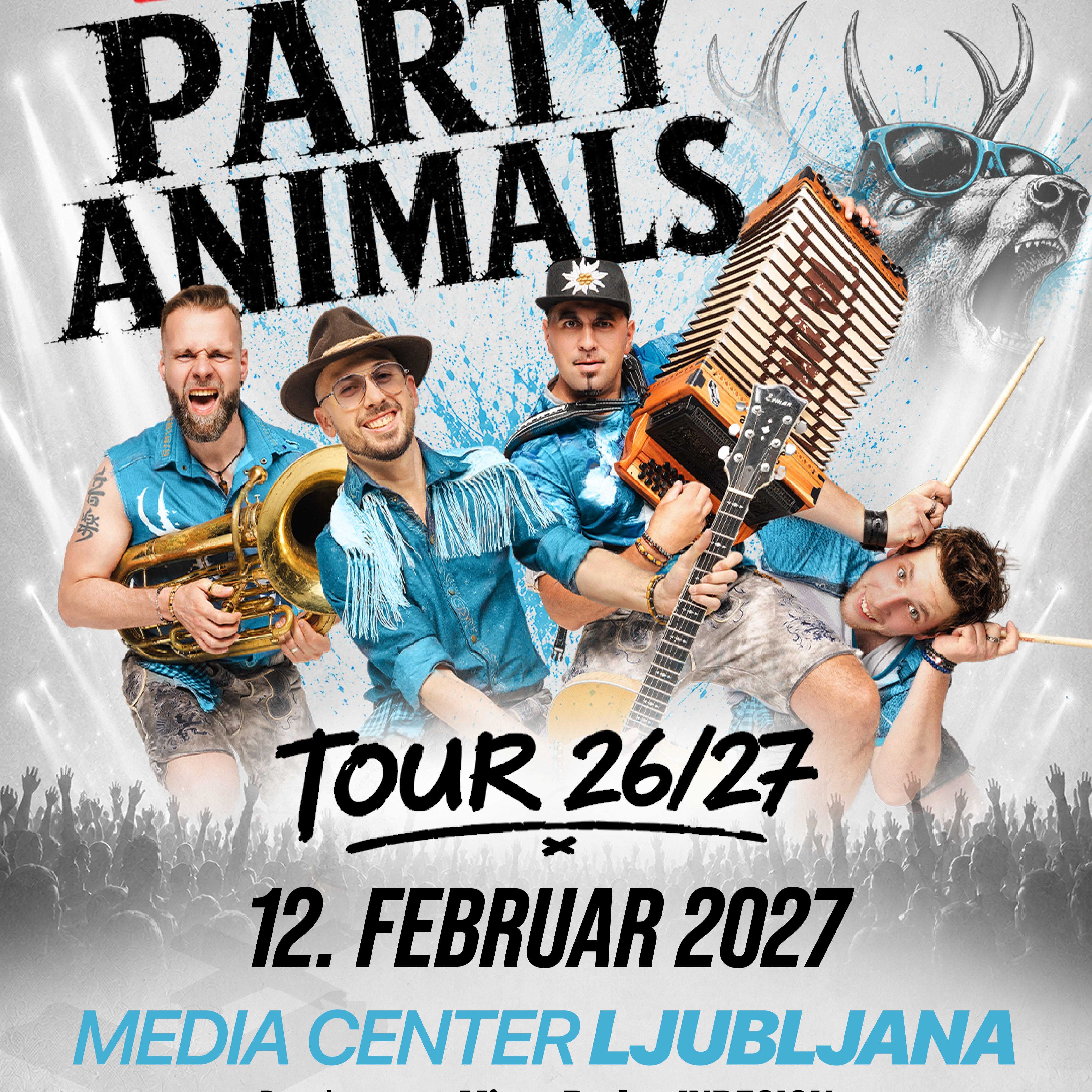 Fehtarji Party Animals Tour 26/27 concert at Media Center Ljubljana on February 12, 2027, featuring special guest Miran Rudan