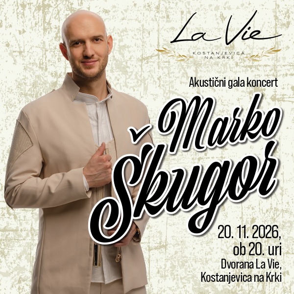 Poster for Marko Škugor's Acoustic Gala Concert on November 20, 2026, at 8:00 PM in La Vie Hall, Kostanjevica na Krki