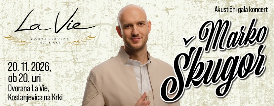Plakat za akustični gala koncert Marka Škugorja, ki bo 20. novembra 2026 ob 20. uri v Dvorani La Vie v Kostanjevici na Krki.