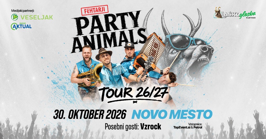 Fehtarji Party Animals Tour 26/27 concert in Novo Mesto on October 30, 2026, featuring special guests Vzrock.